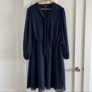 Navy blue sheer overlay long sleeve flouncy dress with neck tie